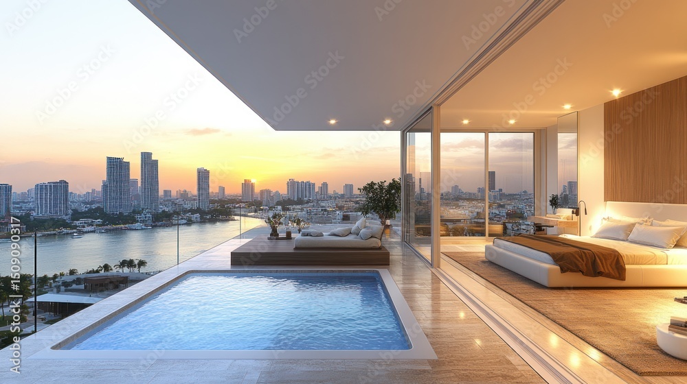Obraz premium Luxurious penthouse suite with rooftop pool overlooking cityscape at sunset