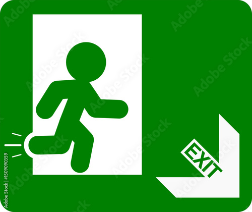 Emergency exit sign with running man on green background.