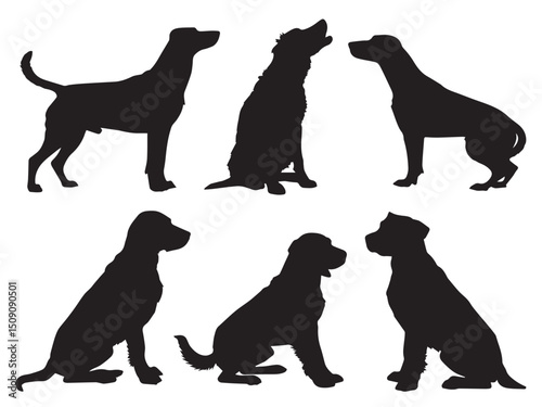 Silhouettes of Dog Breeds in Various Poses – Labrador, Golden Retriever, Boxer, German Shepherd, Poodle, Beagle – Pet Outline, Canine Shadows for Design, Vector Art, Animal Illustration