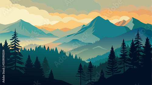 Majestic Mountain Range Landscape at Sunset, Forest, Nature Scene