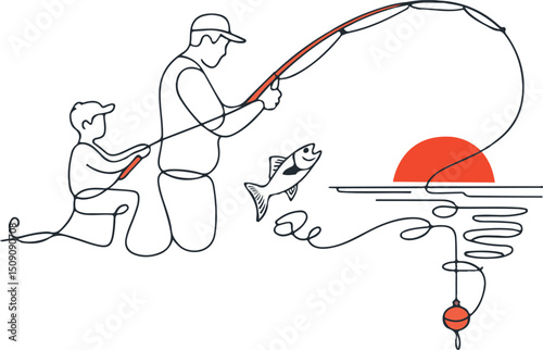Father and son fishing line art illustration.