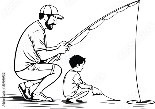 Father and son are fishing together.