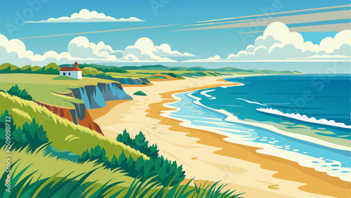 Coastal Landscape: Sandy Beach, Cliffs, and House