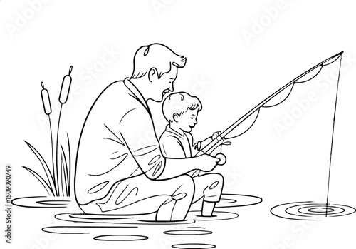Father and son fishing in the lake.