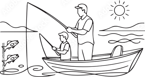 Father and son fishing on a boat.