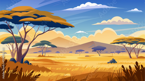African Savanna Landscape Illustration: Flat Cartoon Style