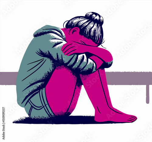 Sad Young Woman Sitting Alone, Depression Illustration