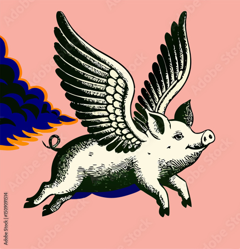 Flying Pig Illustration: Vintage Style Cartoon