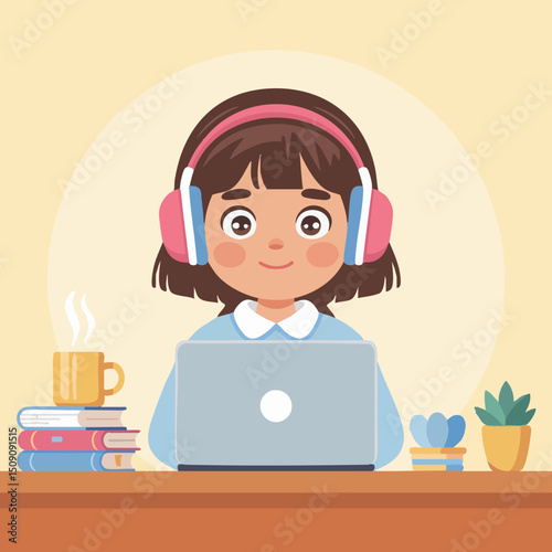 Online Learning Illustration – Young Woman Studying with Laptop at Home, Flat Vector in Cozy Workspace for E-Learning and Education Concepts