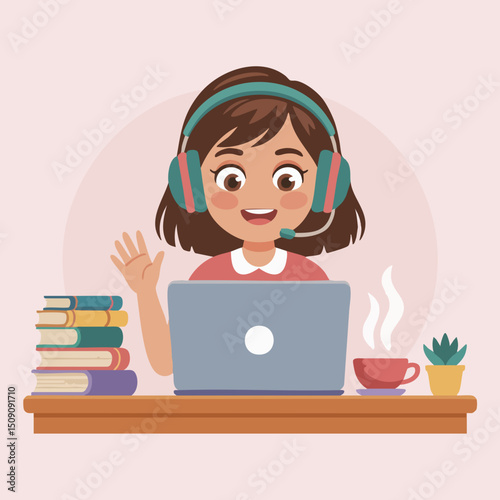 Online Learning Illustration – Young Woman Studying with Laptop at Home, Flat Vector in Cozy Workspace for E-Learning and Education Concepts