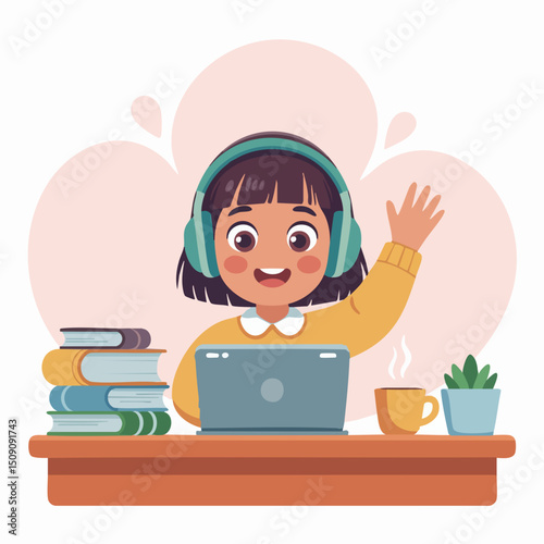 Online Learning Illustration – Young Woman Studying with Laptop at Home, Flat Vector in Cozy Workspace for E-Learning and Education Concepts