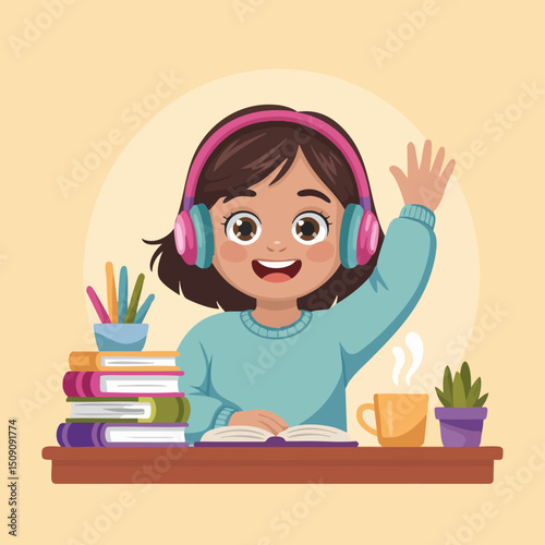 Online Learning Illustration – Young Woman Studying with Laptop at Home, Flat Vector in Cozy Workspace for E-Learning and Education Concepts