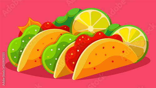 A colorful array of street tacos adorned with vibrant lime wedges and served up with a side of mouthwatering salsa.. Vector illustration