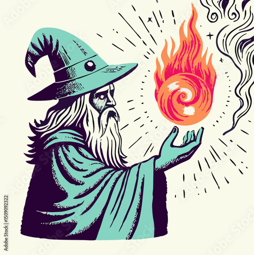 Wise Wizard Holding Fiery Magic Orb, Fantasy Illustration