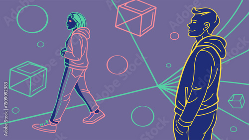Abstract vector: avatars of people in digital space with 3D elements. Neon colors, hologram effect