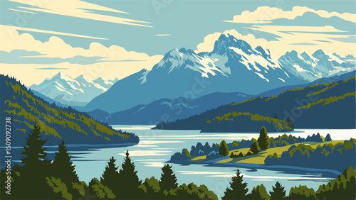 Scenic Mountain Lake Landscape Art Print, Nature Illustration