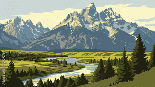 Grand Teton National Park Scenic View, Vintage Travel Poster Art