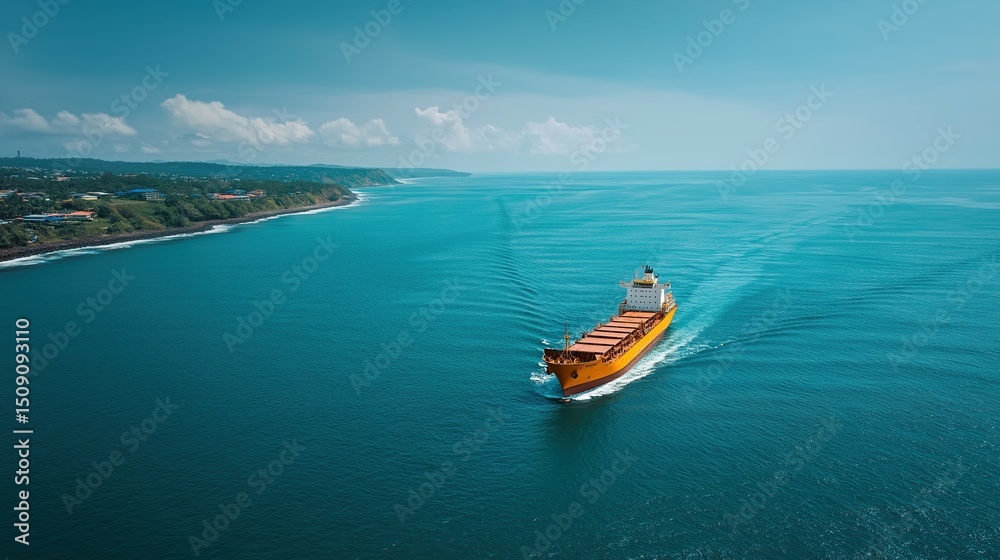 Fototapeta premium A massive cargo ship glides across calm blue waters, embodying serene maritime tranquility.