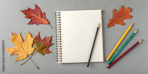 notebook with autumn leaves and pencil
