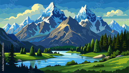 Majestic Snow-capped Mountains and River Landscape