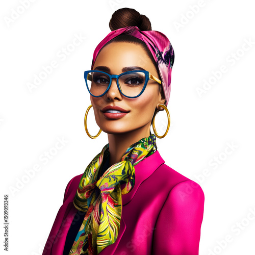 Smiling Woman in Pink Blazer, Head Scarf, Earrings, Cut Out Transparent
