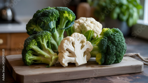 Fresh green broccoli on a wooden table