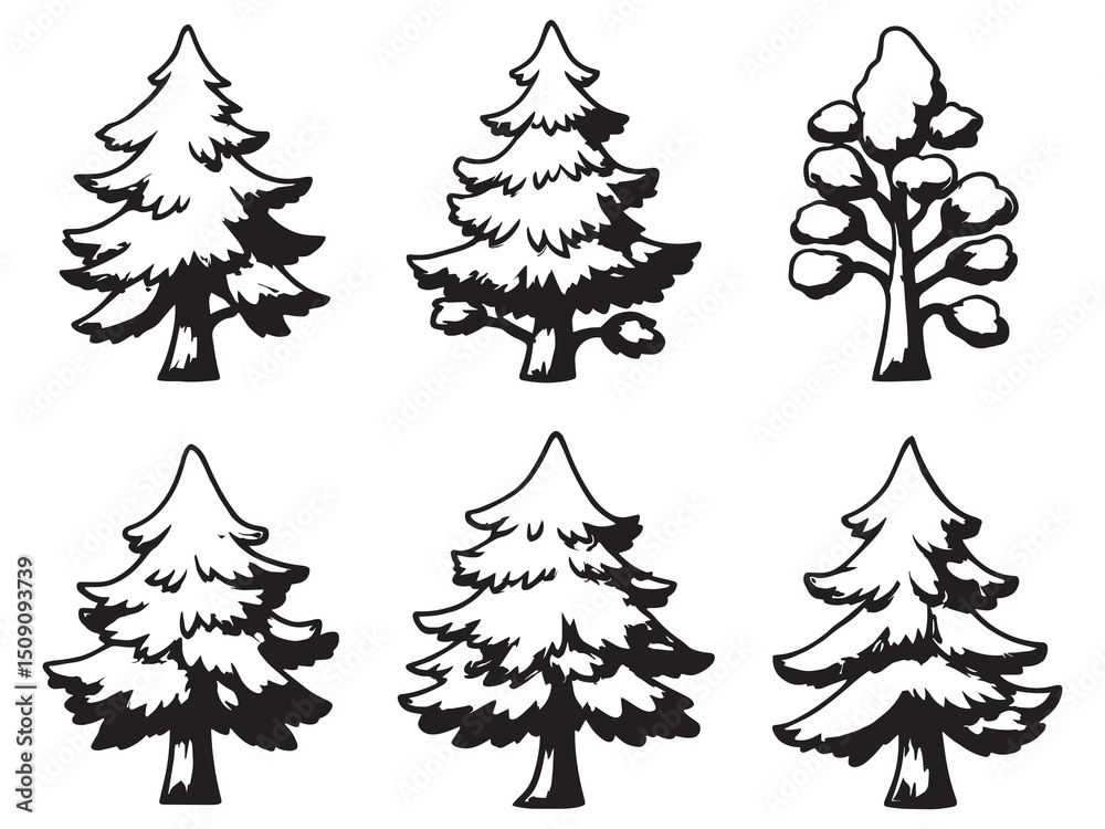 Obraz premium Stylized Pine Tree Outline Art in Black and White