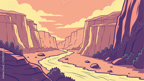 Canyon River Landscape Illustration, Desert Sunset