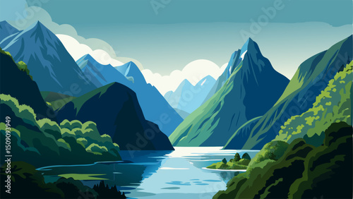 Stunning Mountain Lake Landscape Illustration