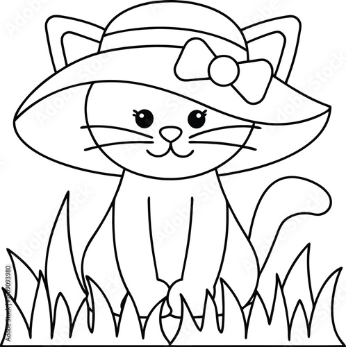 Adorable cartoon cat wearing a sun hat in the grass