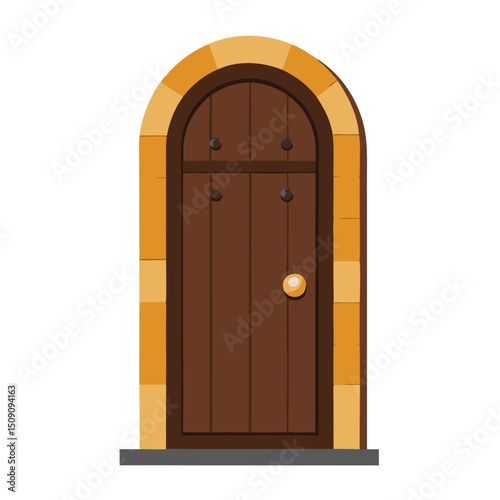 a wooden arched door with a yellow stone frame and a round doorknob.