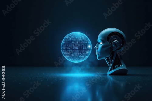 A Futuristic Robotic Head Contemplating a Glowing Orb of Digital Code Representing the Vastness of Information and the Potential of Artificial Intelligence