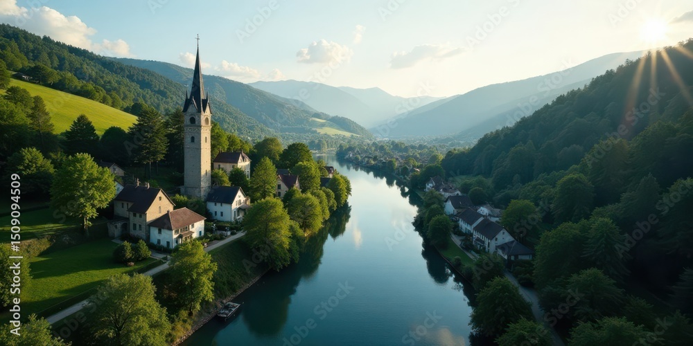 Fototapeta premium Serene Village nestled beside a tranquil river, surrounded by lush green hills and a majestic steeple at sunset