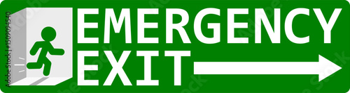 Emergency exit sign, green background with a running man, door and an arrow.