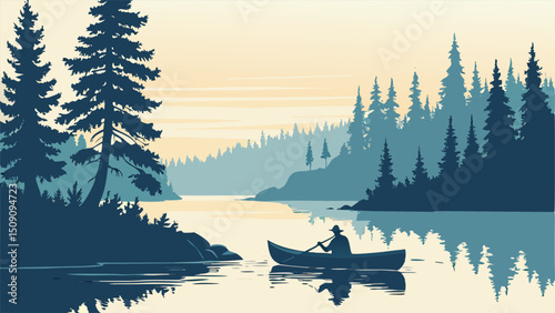 Silhouette of Person Canoeing on Calm Lake at Sunrise, Surrounded by Pine Trees