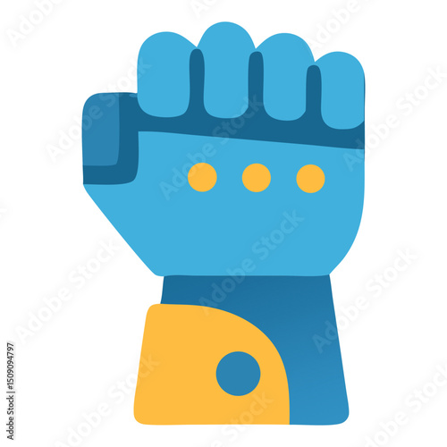 Blue robotic fist raised upward symbolizing technological power and futuristic strength