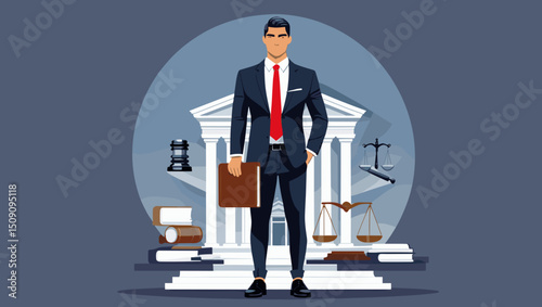 Confident young lawyer standing in a suit with legal symbols in a professional and modern design