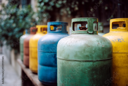 A row of old gas tanks are lined up on a shelf