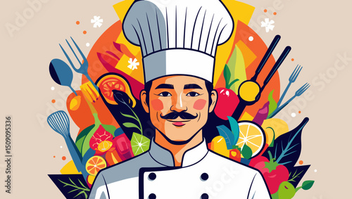 Cheerful young chef in a white hat with colorful ingredients and cooking utensils in a vibrant design