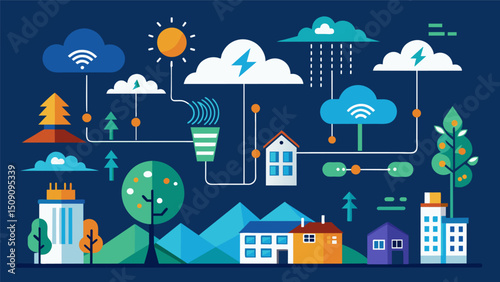 A citywide system of smart sensors that collects data on weather patterns and adapts infrastructure and services to better prepare for and respond to severe weather events.. Vector illustration