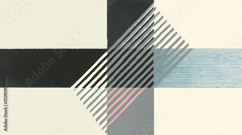 Minimalist geometric pattern with black and cream stripes, abstract lines crossing at angles, high contrast, modern design, flat perspective. Ordered Flatness. Illustration