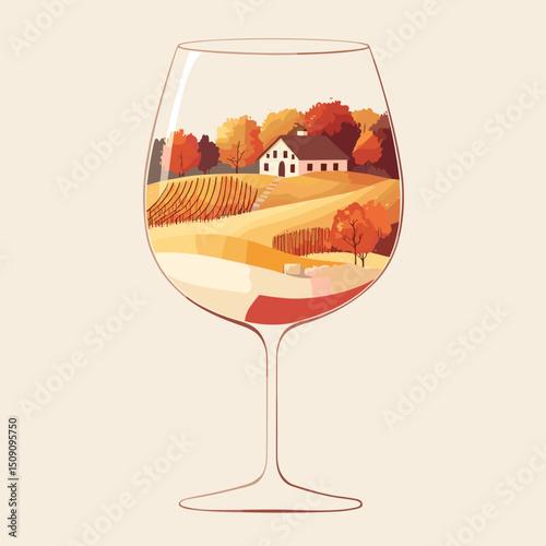 A wine glass with a picturesque landscape in autumn colors