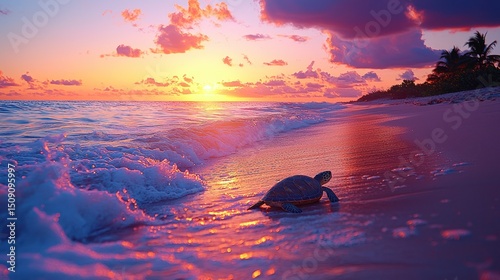 Turtle on beach at sunset.  Vibrant colors of sunrise on a sandy beach.  Waves lap at the shore