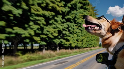 A golden retriever dog with sunglasses enjoys a car ride with its head out of the window. Lush green trees line the road under a clear blue sky. Concept of traveling with pets, vacation in country.