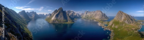 Reine, located in the Lofoten Islands, Norway, is shown in a panoramic aerial view on a sunny arctic summer day