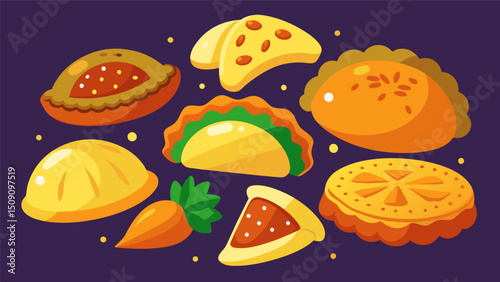 A mouthwatering array of empanadas a beautiful blend of textures and tastes from flaky crusts to juicy fillings like roasted vegetables and tender steak.. Vector illustration