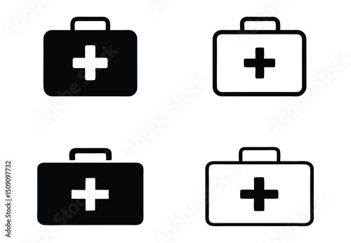 First aid kit icon set. Medical box with cross. Medical emergency equipment. Healthcare concept.