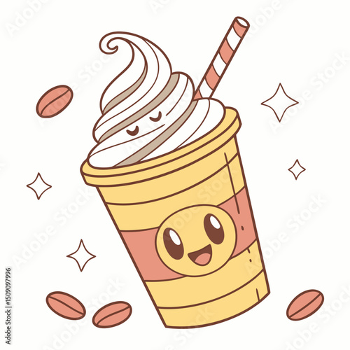 Cute Iced Coffee Cup with Whipped Cream Vector
