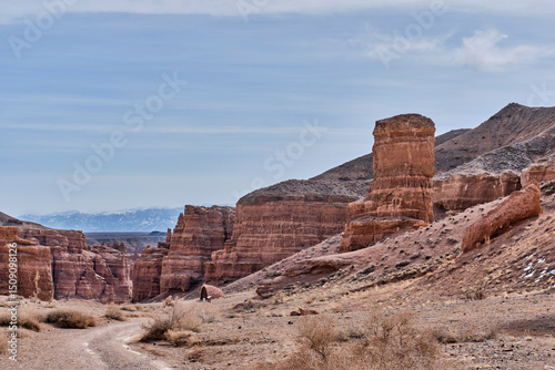 Road along gorge of Valley of Castles, National Nature Park Charyn Canyon, Almaty, Kazakhstan.