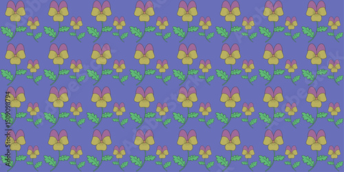 Purple Background with Yellow Pink Pansy Flowers Seamless Pattern Design